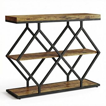 3 tier Entryway Table, Farmhouse Console Table with Open Shelves, Diamond-Shaped Metal Frame