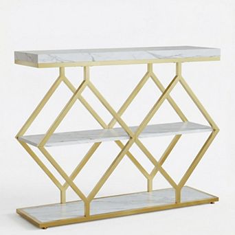 3 tier Entryway Table, Farmhouse Console Table with Open Shelves, Diamond-Shaped Metal Frame