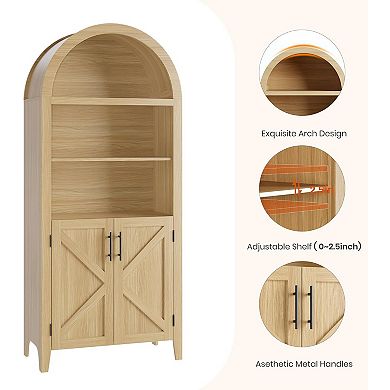 Arched Bookcase with Doors Open Display Shelf Modern Bookshelf Storage Cabinet