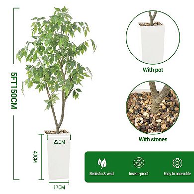 Artificial Ficus Tree Indoor 5ft,Large Potted Faux Tree with Realistic Silk Leaves & Trunk for Home