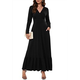 Women's Long Sleeve Maxi Dress V Neck Wrap Waist Formal Long Dresses with Pockets