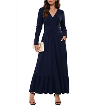 Women's Long Sleeve Maxi Dress V Neck Wrap Waist Formal Long Dresses with Pockets