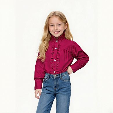Girls Long Sleeve Blouse Button Down Shirts Ruffle Design Tops Premium Cotton Fall Summer Outfit