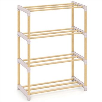 4 tier Solid Pine Wood Shoe Rack Stackable Ventilated Slatted Shelves