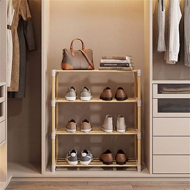 4-Tier Solid Pine Wood Shoe Rack Stackable Ventilated Slatted Shelves