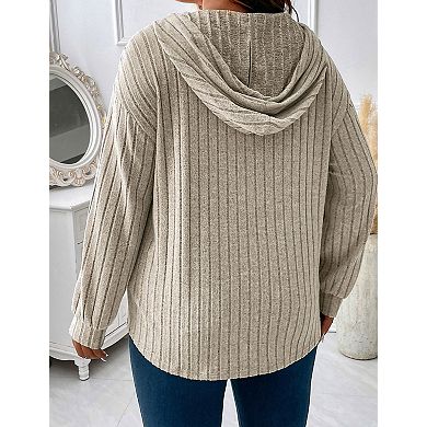 Womens Plus Size Lightweight Ribbed Knit Hoodie Sweaters Casual Long Sleeve Pullover Tops