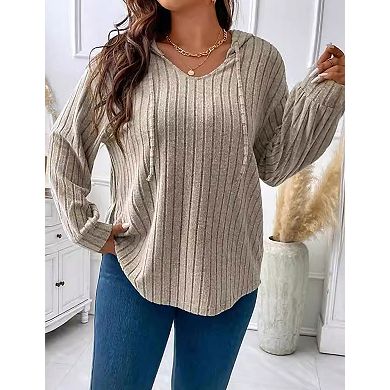 Womens Plus Size Lightweight Ribbed Knit Hoodie Sweaters Casual Long Sleeve Pullover Tops