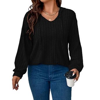 Womens Plus Size Lightweight Ribbed Knit Hoodie Sweaters Casual Long Sleeve Pullover Tops
