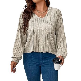 Womens Plus Size Lightweight Ribbed Knit Hoodie Sweaters Casual Long Sleeve Pullover Tops