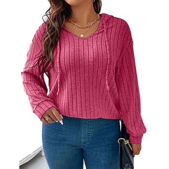 Womens Plus Size Lightweight Ribbed Knit Hoodie Sweaters Casual Long Sleeve Pullover Tops