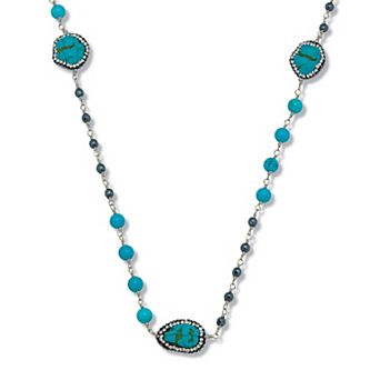 PalmBeach Jewelry Genuine Turquoise and Crystal Silvertone Beaded Drop Necklace 36-inch