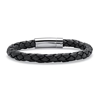 PalmBeach Jewelry Men's Black Leather Bracelet with Stainless Steel Slip Lock Closure 10"