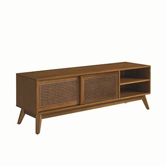 TEINIE 59" Mid-Century Rattan TV Stand for 65" TV Light Wood