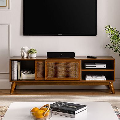 TEINIE 59" Mid-Century Rattan TV Stand for 65" TV Light Wood