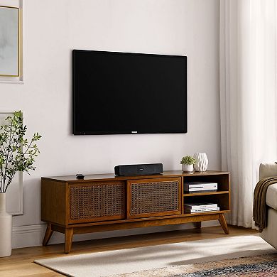TEINIE 59" Mid-Century Rattan TV Stand for 65" TV Light Wood