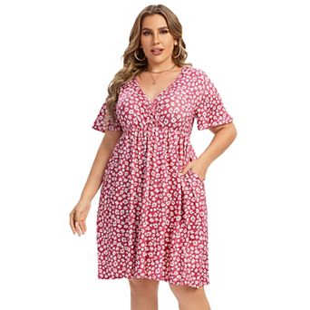 Plus Size Women's Wrap V-Neck Dress Floral Print Flutter Sleeve A-Line Casual Midi Dress