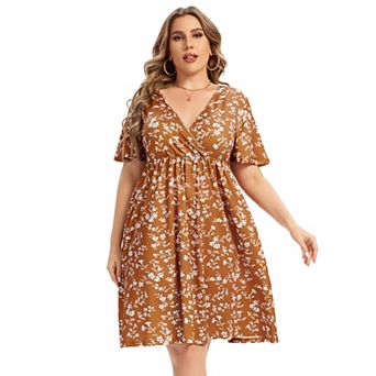 Plus Size Women's Wrap V-Neck Dress Floral Print Flutter Sleeve A-Line Casual Midi Dress