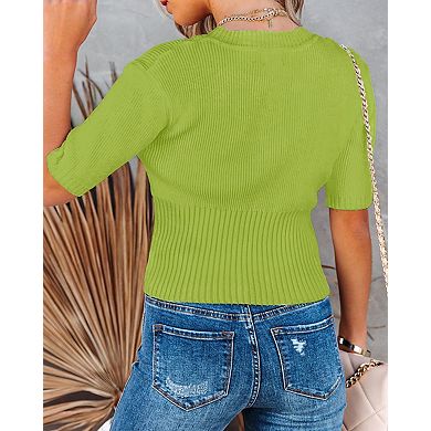 Womens Short Sleeve Sweaters Tops Crewneck Ribbed Pullover Shirt Soft Slim Fit Knit Sweater Blouse