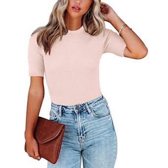 Womens Short Sleeve Sweaters Tops Crewneck Ribbed Pullover Shirt Soft Slim Fit Knit Sweater Blouse