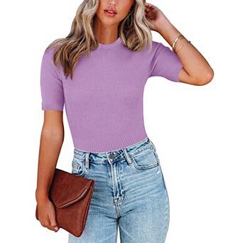 Womens Short Sleeve Sweaters Tops Crewneck Ribbed Pullover Shirt Soft Slim Fit Knit Sweater Blouse