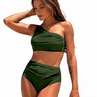 Women One Shoulder High Waisted Bikini Sets Two Piece Swimsuit Bathing Suit Full Coverage Swimwear