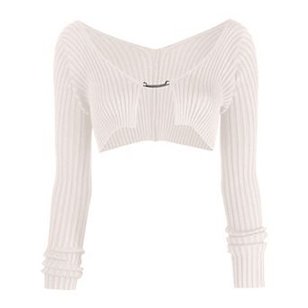 Women's Ribbed Cropped Cardigan with Buckle Detail Long Sleeve Off-Shoulder Knit Top