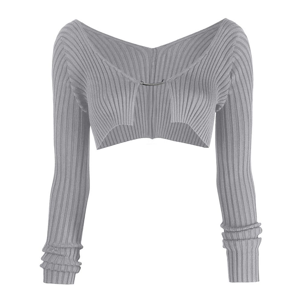 Women's Ribbed Cropped Cardigan with Buckle Detail Long Sleeve Off ...
