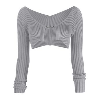 Women's Ribbed Cropped Cardigan with Buckle Detail Long Sleeve Off-Shoulder Knit Top