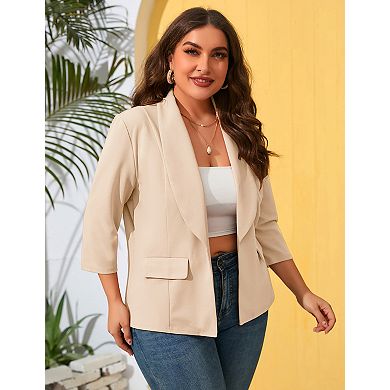 Women's Plus Size Blazer Open Front 3/4 Sleeve Cardigan Work Suit Casual Office Jacket
