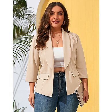 Women's Plus Size Blazer Open Front 3/4 Sleeve Cardigan Work Suit Casual Office Jacket