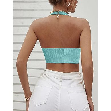 Womens Deep V Neck Crop Tops Halter Knit Ribbed Bow-Knot Front Backless Cleavage Cropped Tank Top