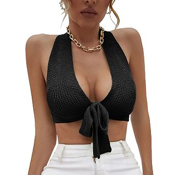 Womens Deep V Neck Crop Tops Halter Knit Ribbed Bow-Knot Front Backless Cleavage Cropped Tank Top