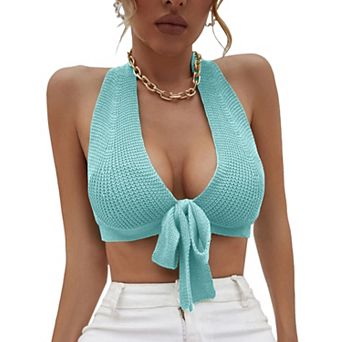 Womens Deep V Neck Crop Tops Halter Knit Ribbed Bow-Knot Front Backless Cleavage Cropped Tank Top