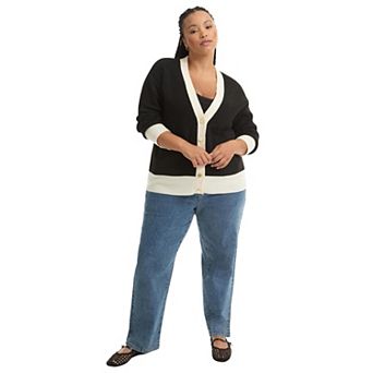 June + Vie Women's Plus Size Contrast V-Neck Cardigan