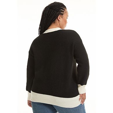 June & Vie Women's Plus Size Contrast V-Neck Cardigan