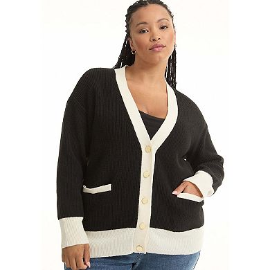June & Vie Women's Plus Size Contrast V-Neck Cardigan