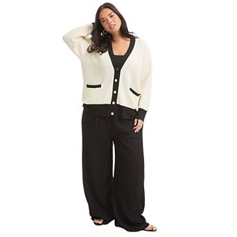 June & Vie Women's Plus Size Contrast V-Neck Cardigan