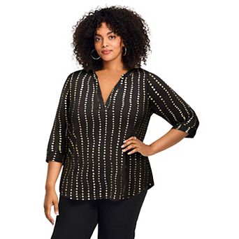 Avenue Women's Plus Size Split-Neck Foil Top