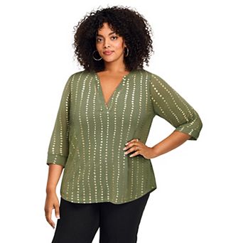 Avenue Women's Plus Size Split-Neck Foil Top