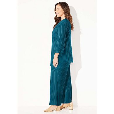 Catherines Women's Plus Size Shiny Pleated Knit 3-Piece Pant Suit