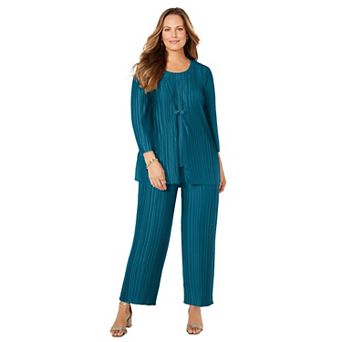 Catherines Women's Plus Size Shiny Pleated Knit 3 pc Pant Suit