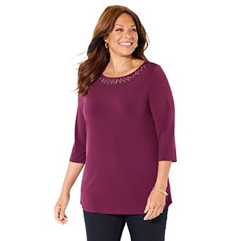 Catherines Women's Plus Size Embellished Stud Neckline Top