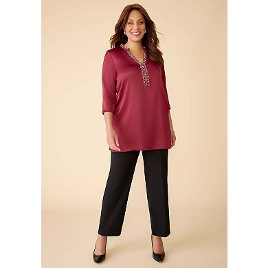 Catherines Women's Plus Size Embellished-Neck Satin Tunic