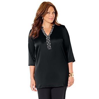 Catherines Women's Plus Size Embellished-Neck Satin Tunic