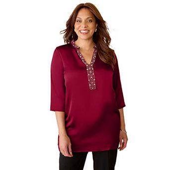 Catherines Women's Plus Size Embellished-Neck Satin Tunic