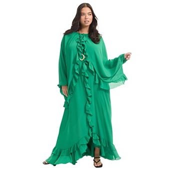 June + Vie Women's Plus Size Ruffled Chiffon Cape Maxi Dress