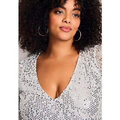 Avenue Women's Plus Size Faux Wrap Sequin Top