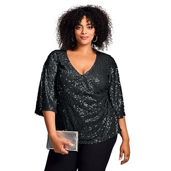 Avenue Women's Plus Size Faux Wrap Sequin Top