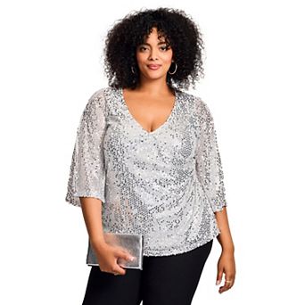 Avenue Women's Plus Size Faux Wrap Sequin Top
