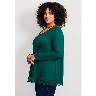 Avenue Women's Plus Size Lace Hem Crewneck Tunic